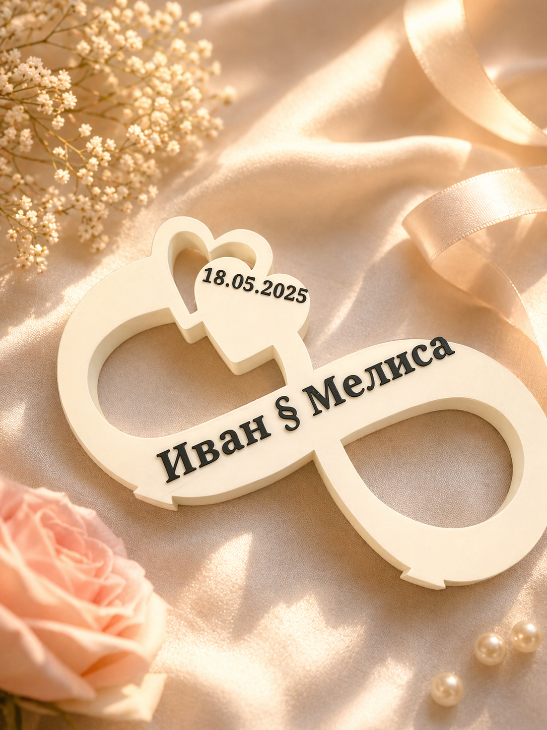 Персонализиран 3D подарък „Безкрайност“ с имена и дата